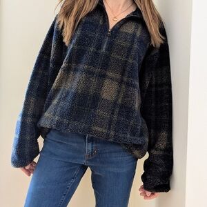 Vintage Collared Plaid Fleece Quarter-Zip Pullover Jacket In Navy/Forest Green